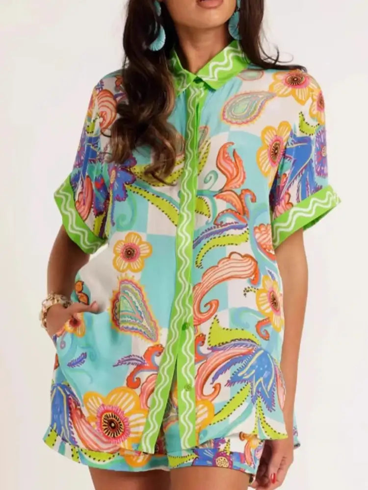 Printed Button Up Shirt and Shorts Set