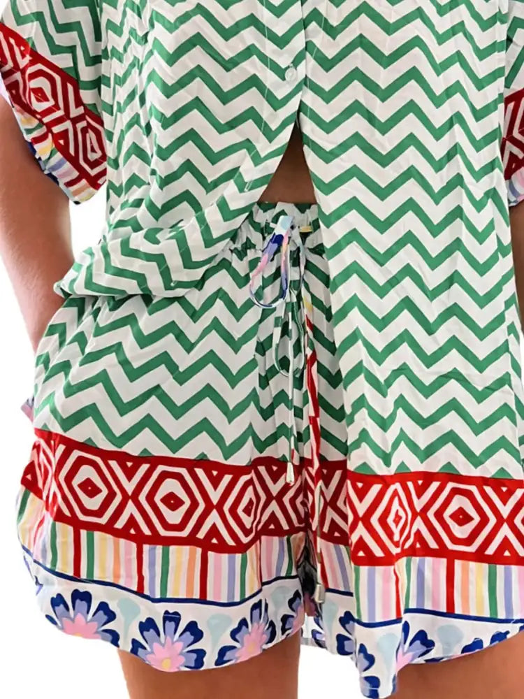 Printed Button Up Shirt and Shorts Set