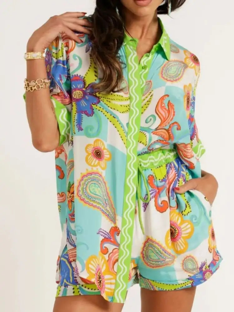 Printed Button Up Shirt and Shorts Set