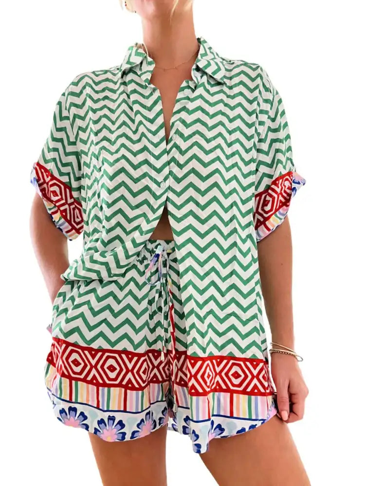 Printed Button Up Shirt and Shorts Set