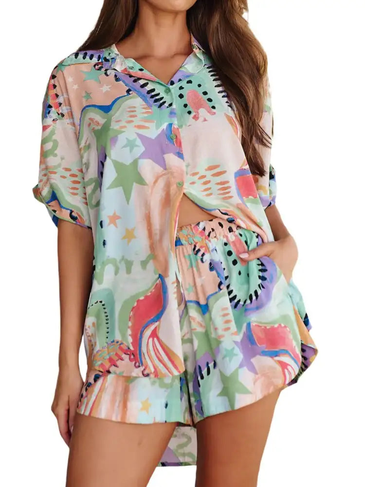 Printed Button Up Shirt and Shorts Set