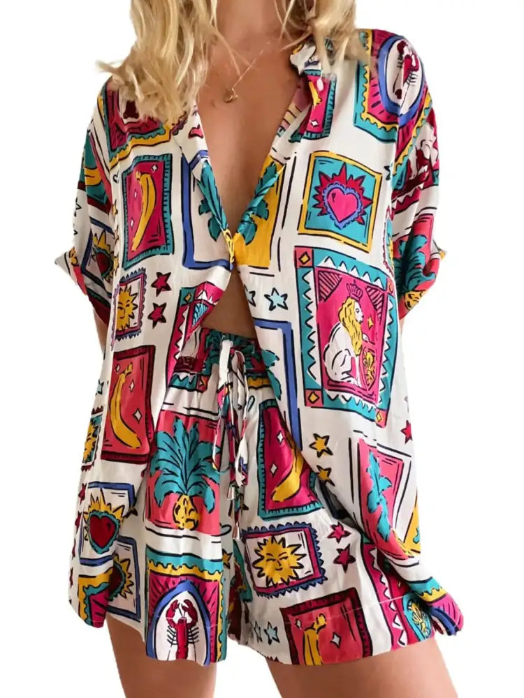 Printed Button Up Shirt and Shorts Set