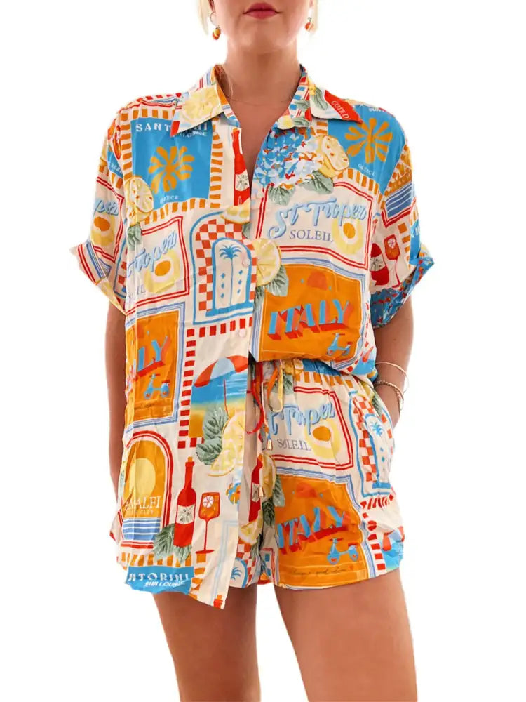 Printed Button Up Shirt and Shorts Set