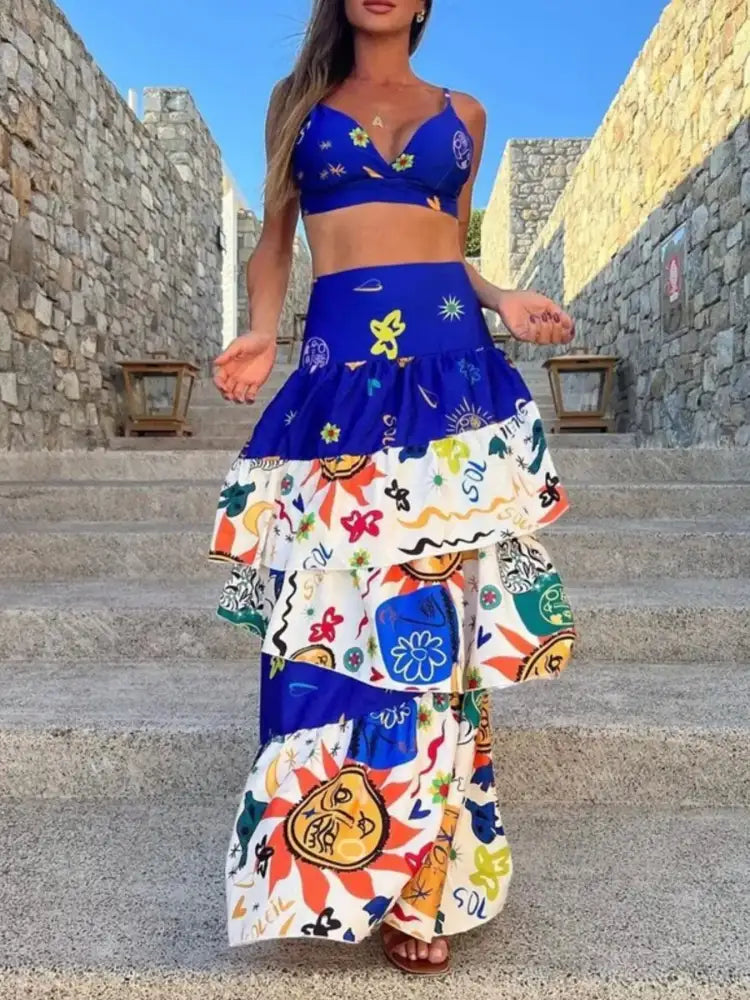 Printed Cami and Layered Skirt Set