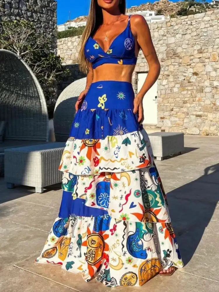 Printed Cami and Layered Skirt Set