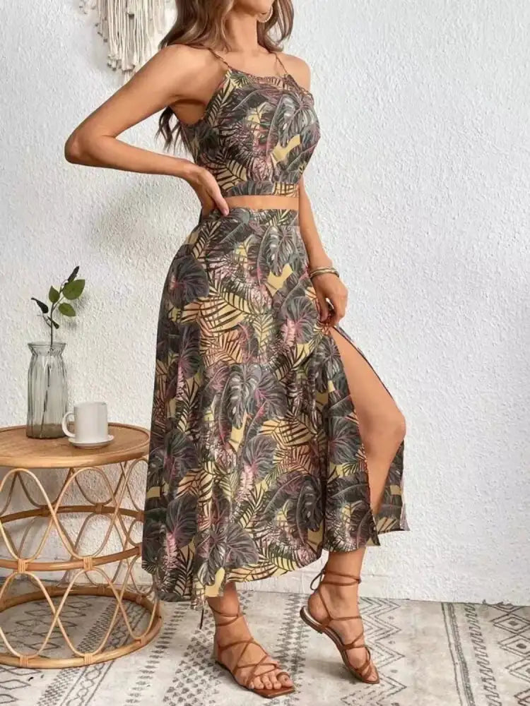 Printed Cami and Slit Skirt Set