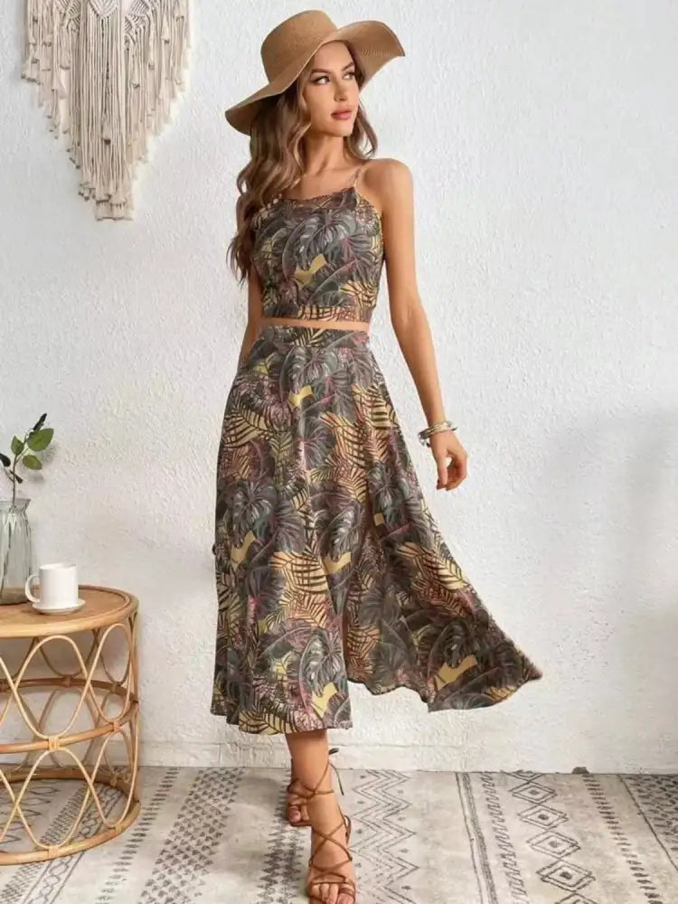Printed Cami and Slit Skirt Set