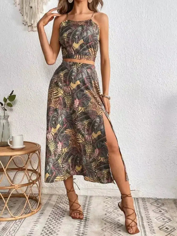 Printed Cami and Slit Skirt Set