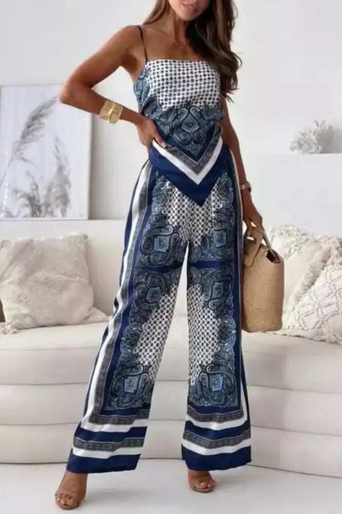 Printed Cami and Wide Leg Pants Set
