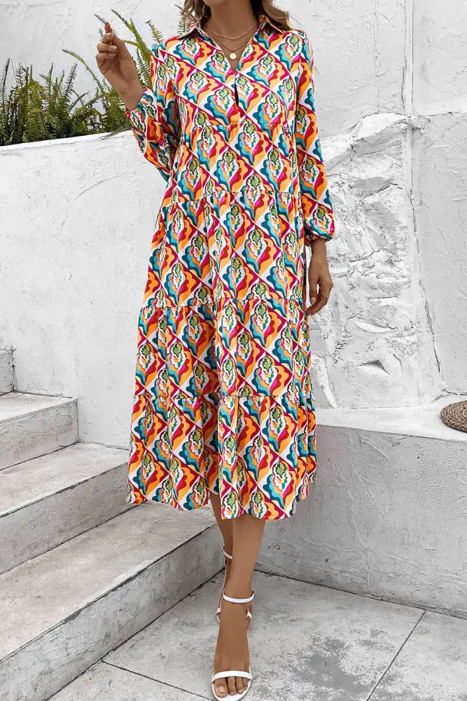 Printed Collared Neck Long Sleeve Dress