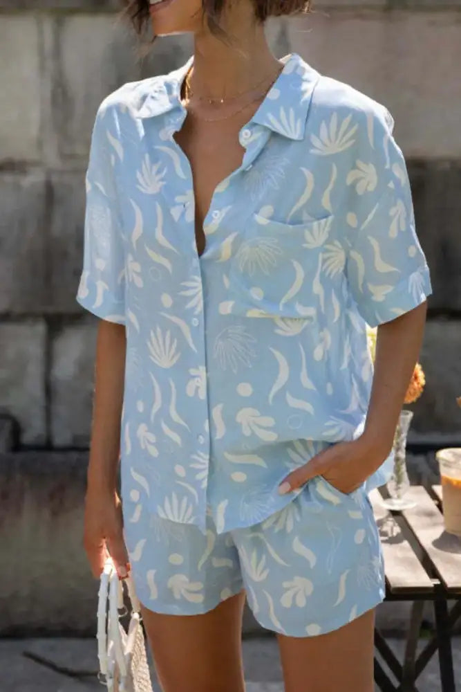 Printed Collared Neck Top and Shorts Set