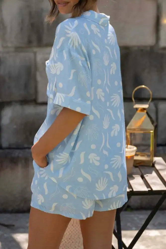 Printed Collared Neck Top and Shorts Set