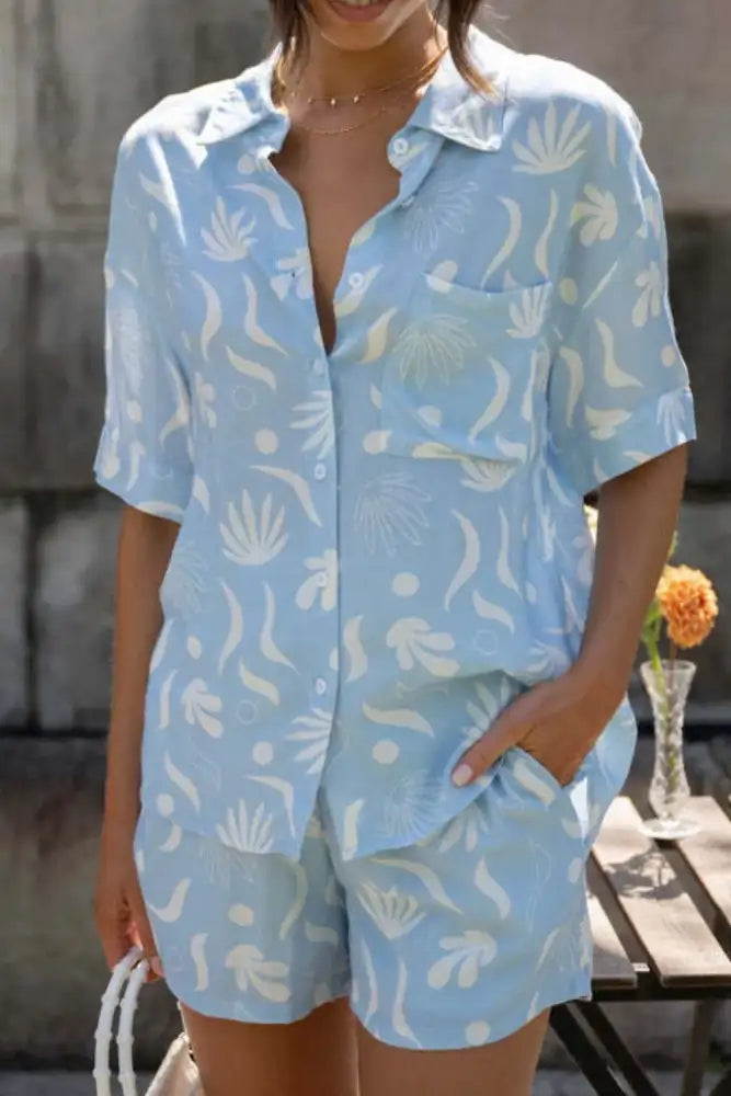 Printed Collared Neck Top and Shorts Set