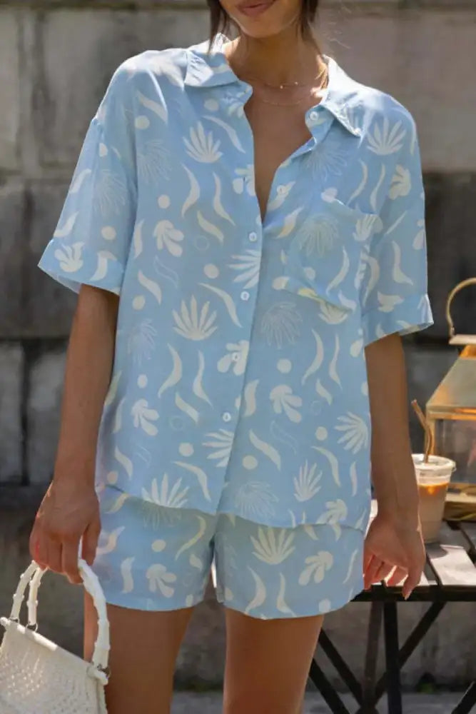 Printed Collared Neck Top and Shorts Set