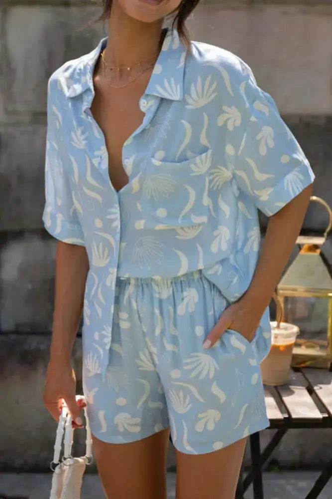 Printed Collared Neck Top and Shorts Set