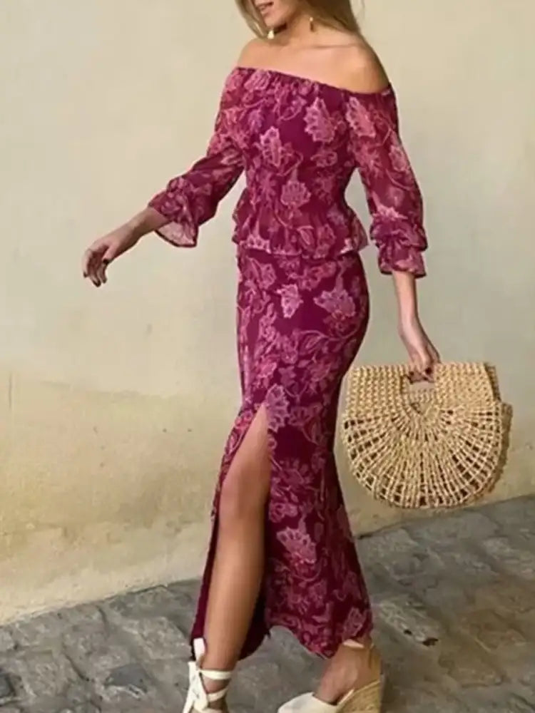 Printed Flounce Sleeve Top and Slit Skirt Set