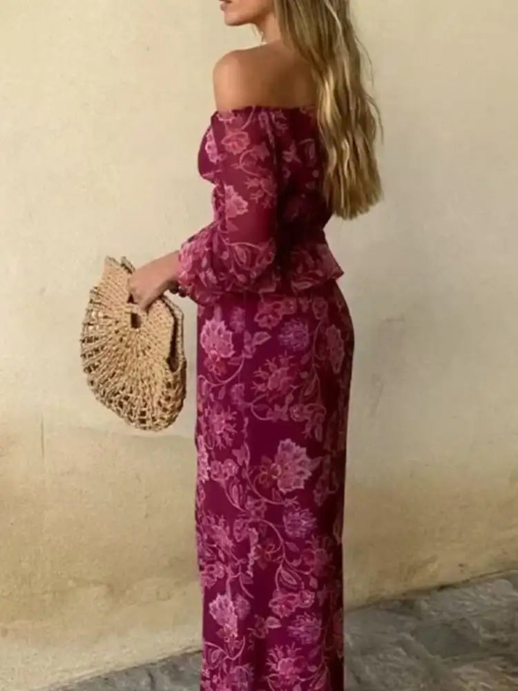 Printed Flounce Sleeve Top and Slit Skirt Set