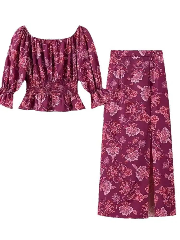 Printed Flounce Sleeve Top and Slit Skirt Set