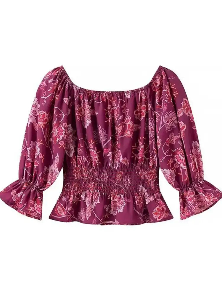 Printed Flounce Sleeve Top and Slit Skirt Set