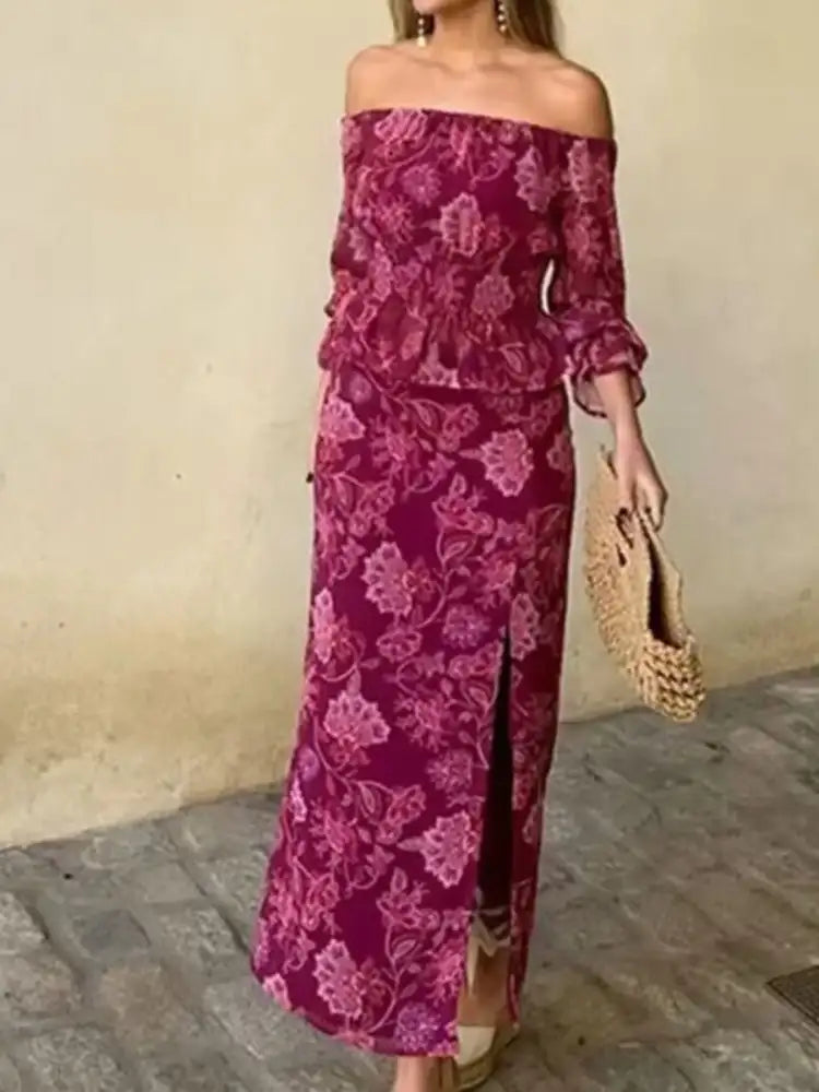 Printed Flounce Sleeve Top and Slit Skirt Set