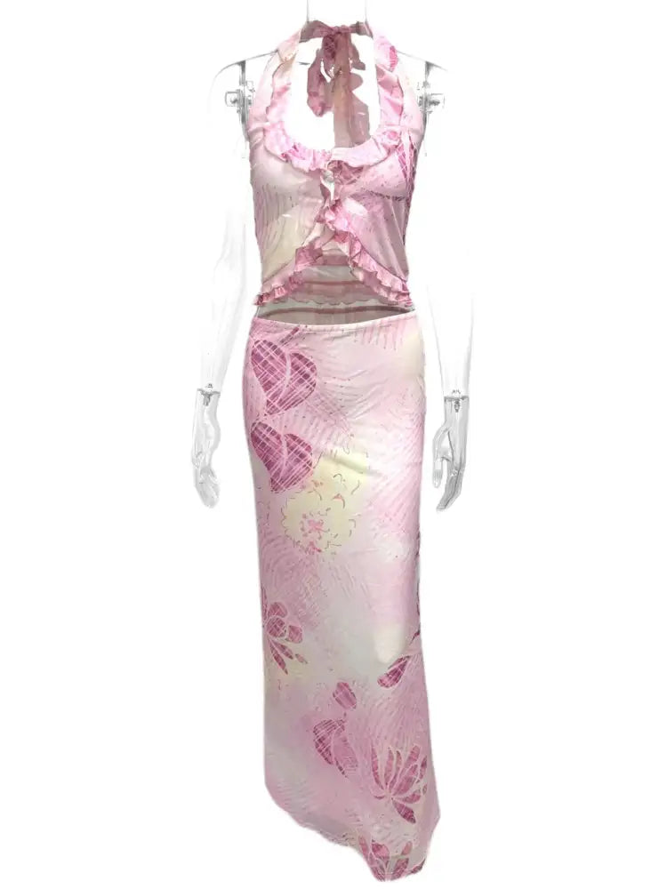 Printed Halter Neck Cami and Maxi Skirt Set