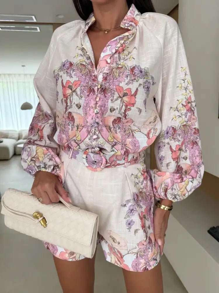 Printed Long Sleeve Shirt and Shorts Set