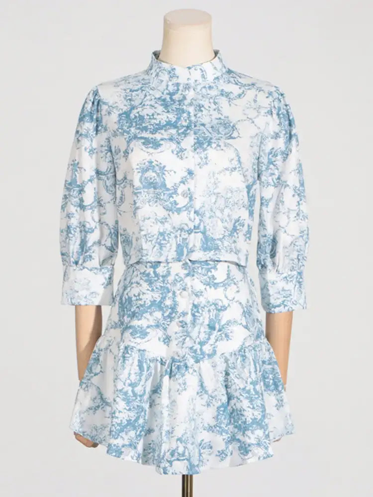 Printed Mock Neck Top and Skirt Set