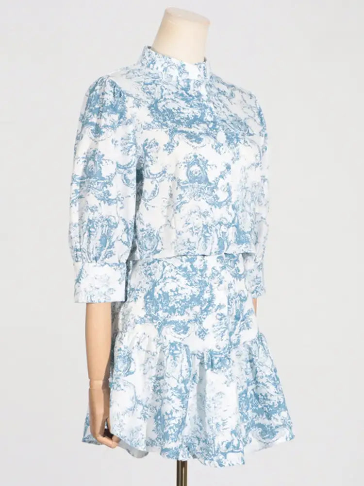 Printed Mock Neck Top and Skirt Set