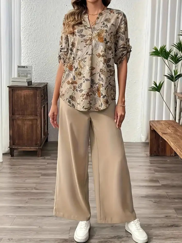Printed Notched Long Sleeve Top and Pants Set