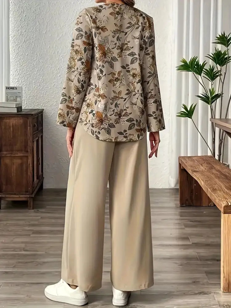 Printed Notched Long Sleeve Top and Pants Set