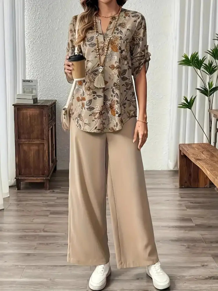 Printed Notched Long Sleeve Top and Pants Set