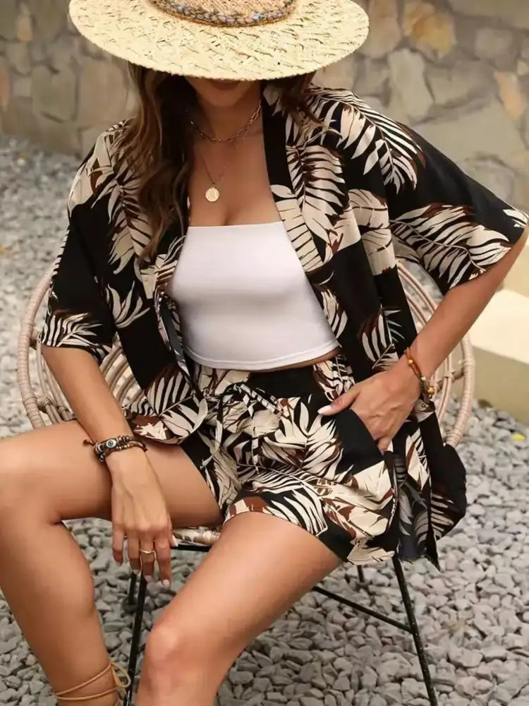 Printed Open Front Cardigan and Shorts Set