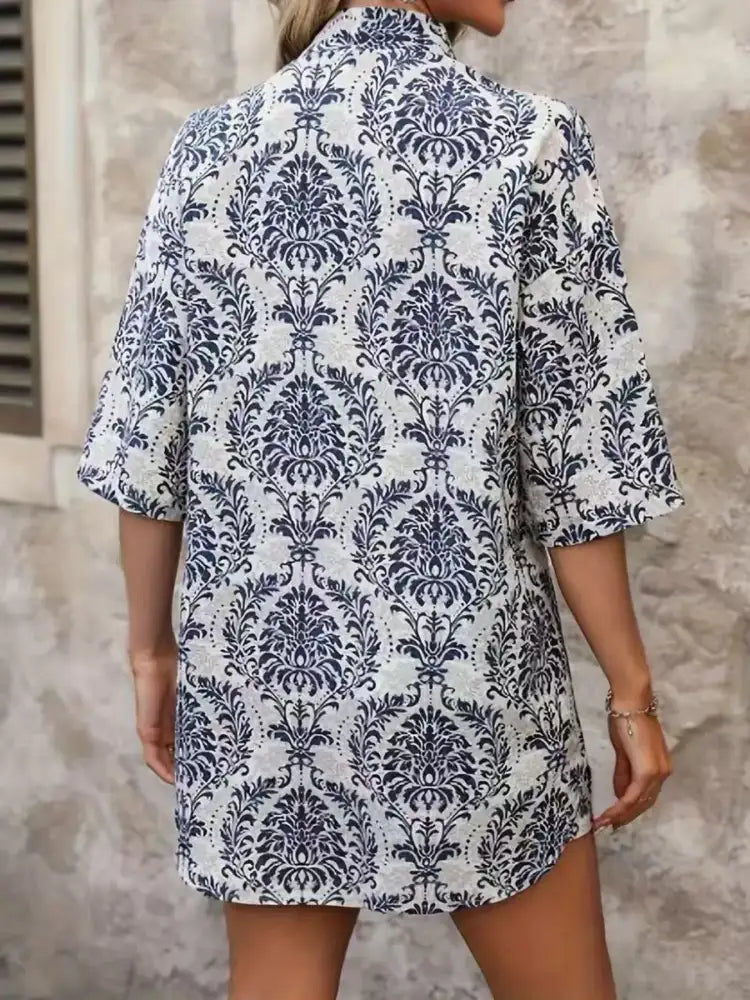 Printed Open Front Cardigan and Shorts Set