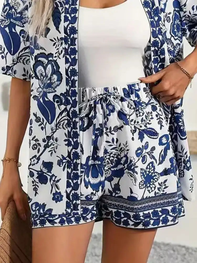 Printed Open Front Cardigan and Shorts Set