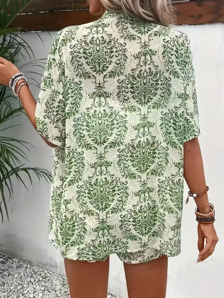 Printed Open Front Cardigan and Shorts Set