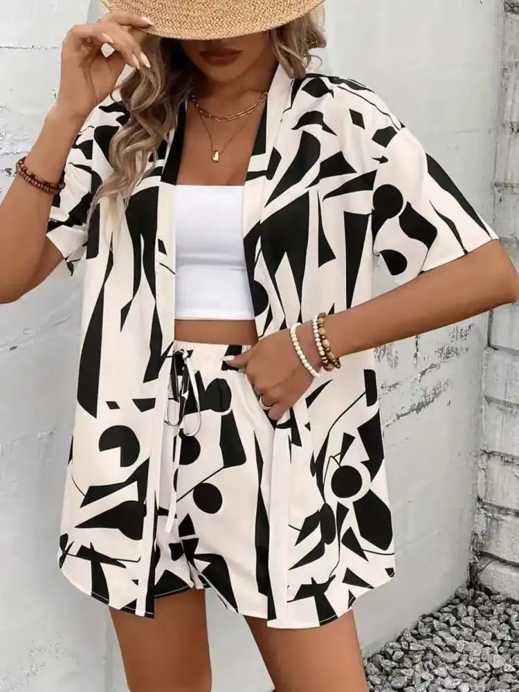 Printed Open Front Cardigan and Shorts Set