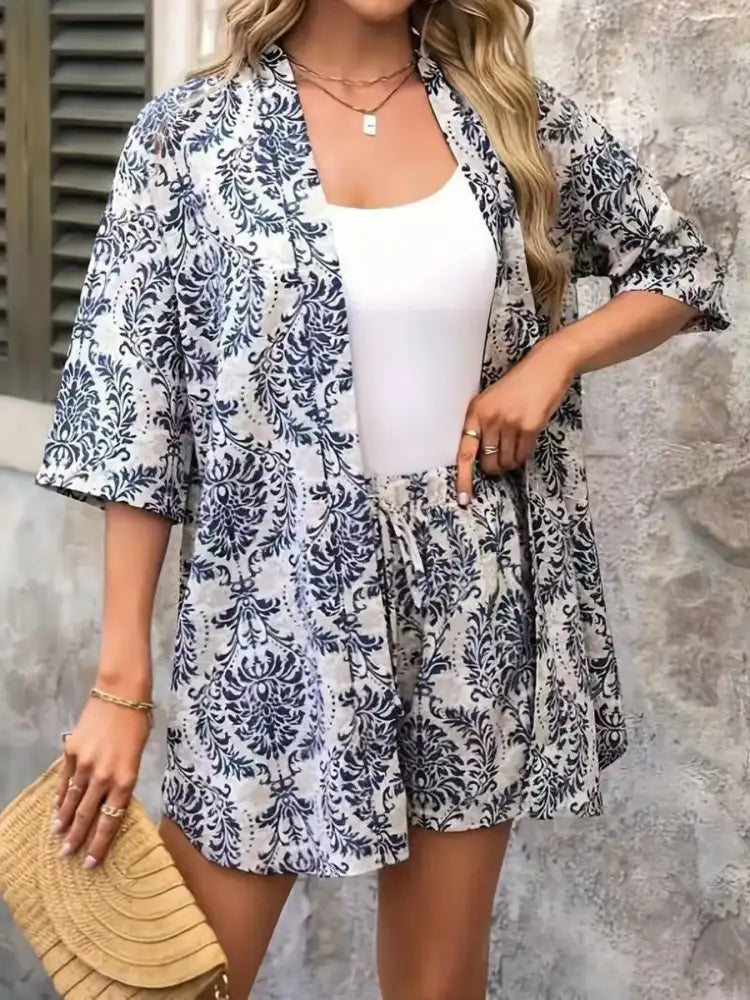 Printed Open Front Cardigan and Shorts Set