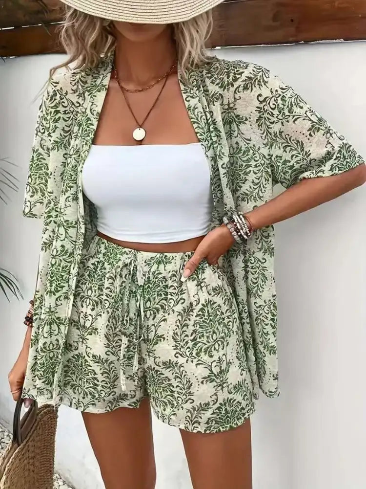 Printed Open Front Cardigan and Shorts Set