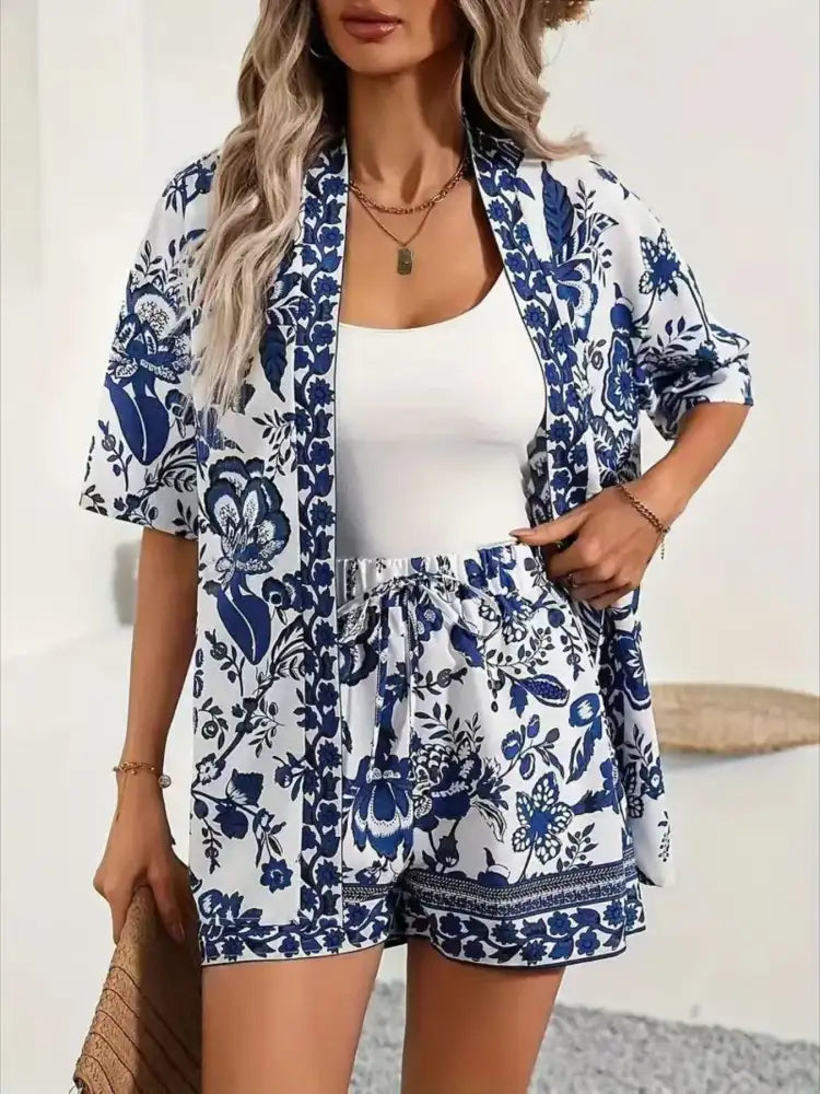 Printed Open Front Cardigan and Shorts Set