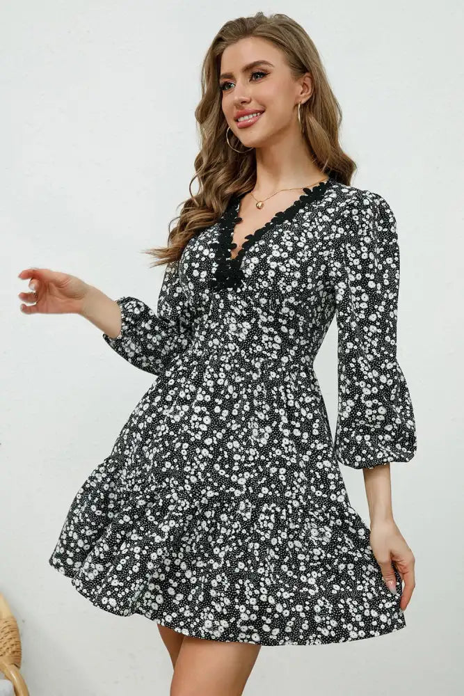 Printed Plunge Neck Flounce Sleeve Mini Dress