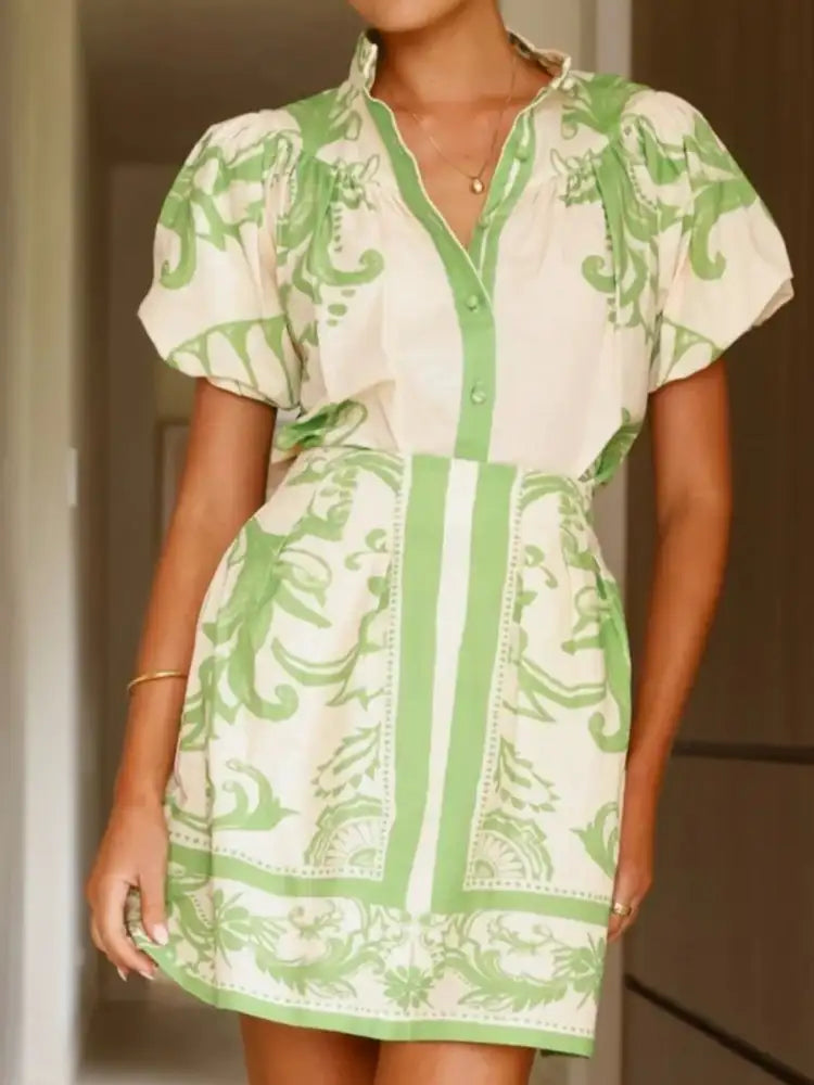 Printed Puff Sleeve Top and Skirt Set