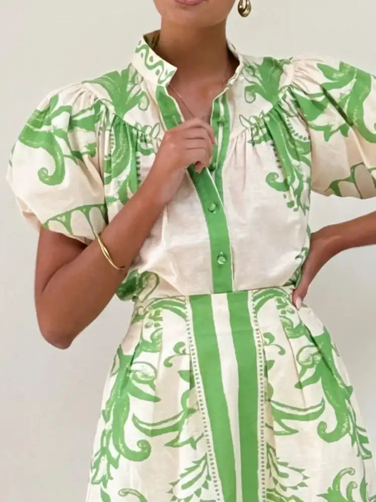 Printed Puff Sleeve Top and Skirt Set