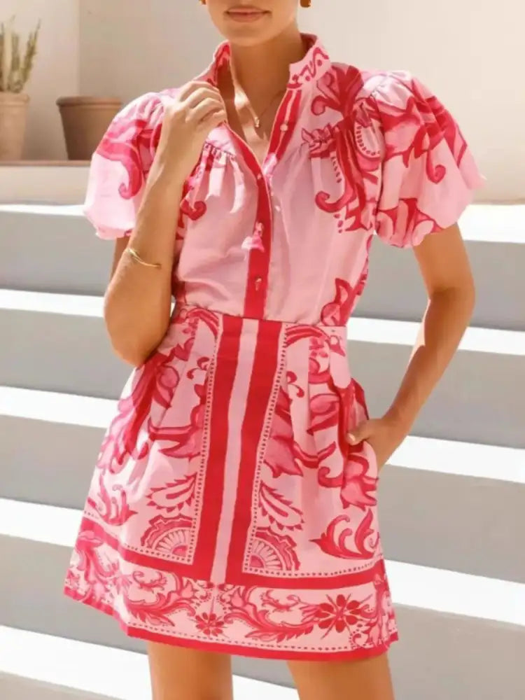 Printed Puff Sleeve Top and Skirt Set