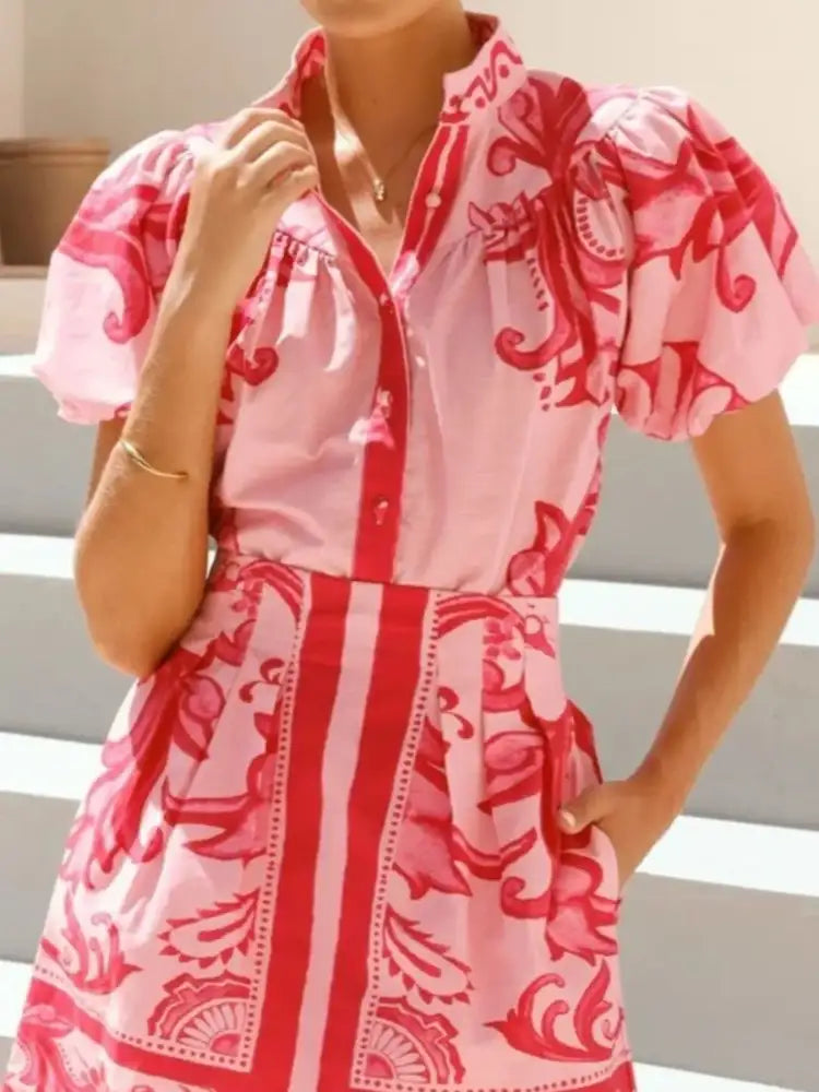 Printed Puff Sleeve Top and Skirt Set