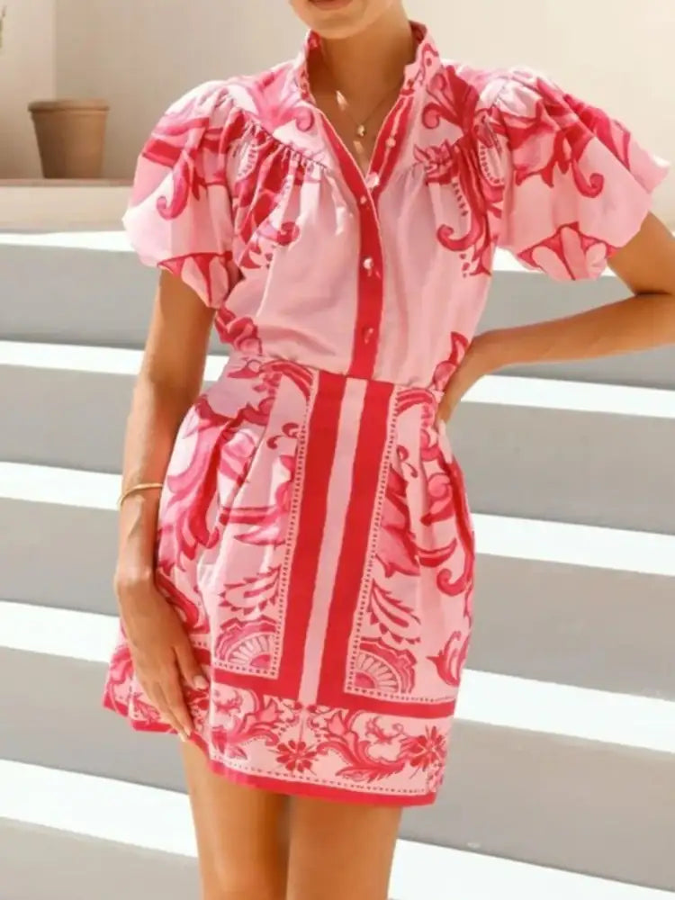 Printed Puff Sleeve Top and Skirt Set