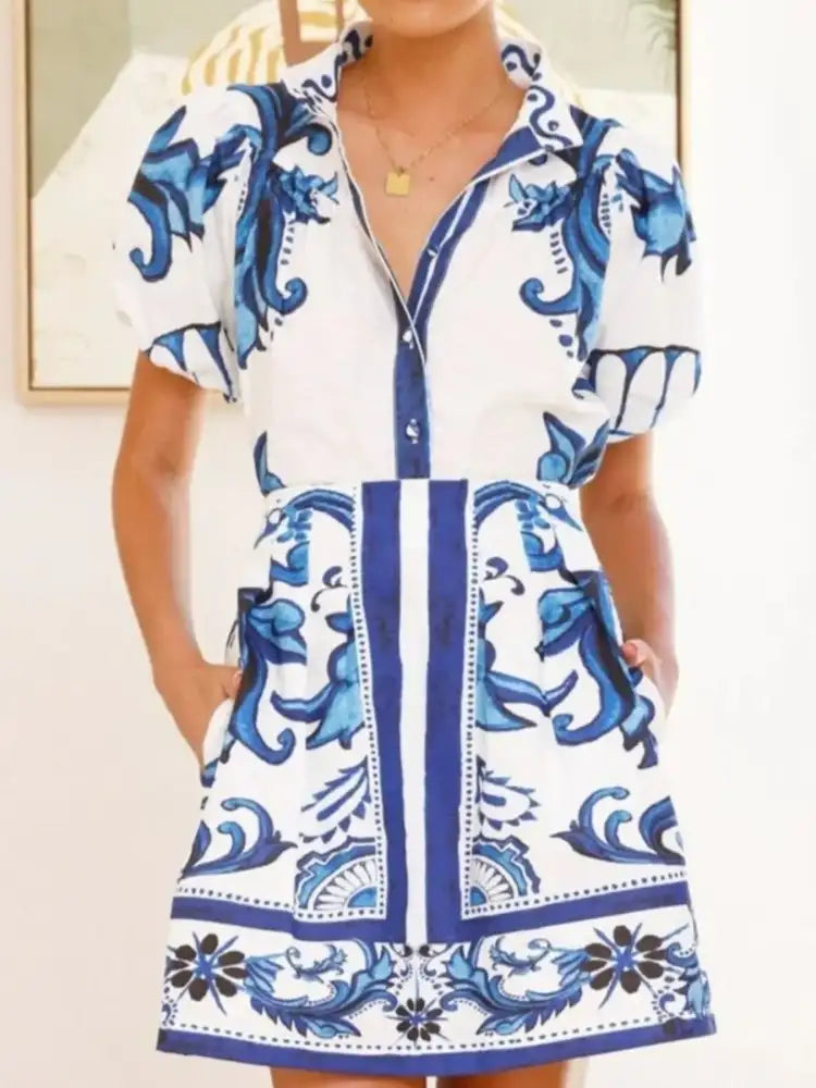 Printed Puff Sleeve Top and Skirt Set