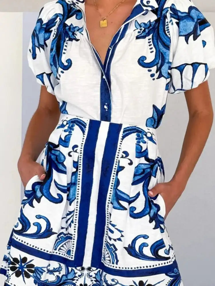 Printed Puff Sleeve Top and Skirt Set