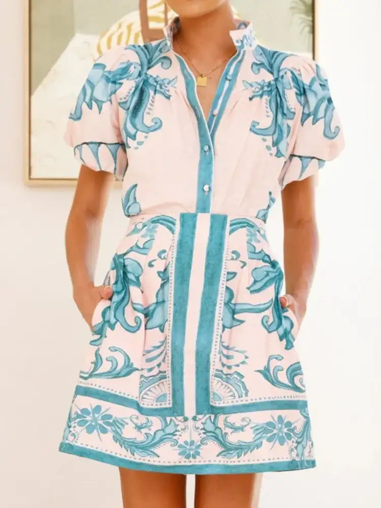 Printed Puff Sleeve Top and Skirt Set