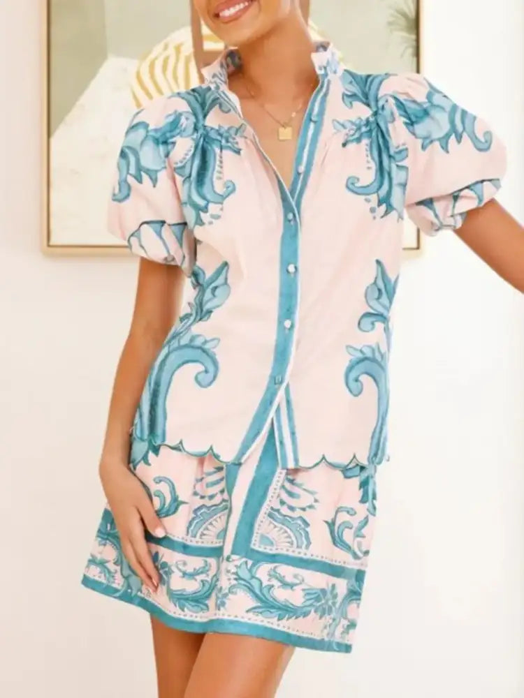 Printed Puff Sleeve Top and Skirt Set