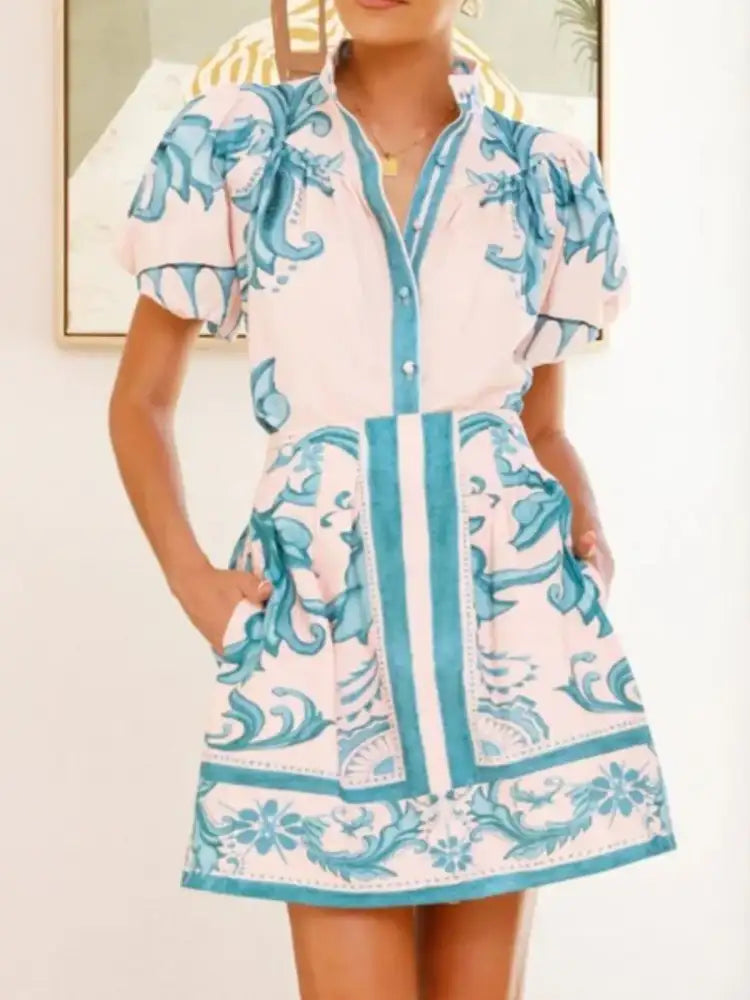 Printed Puff Sleeve Top and Skirt Set